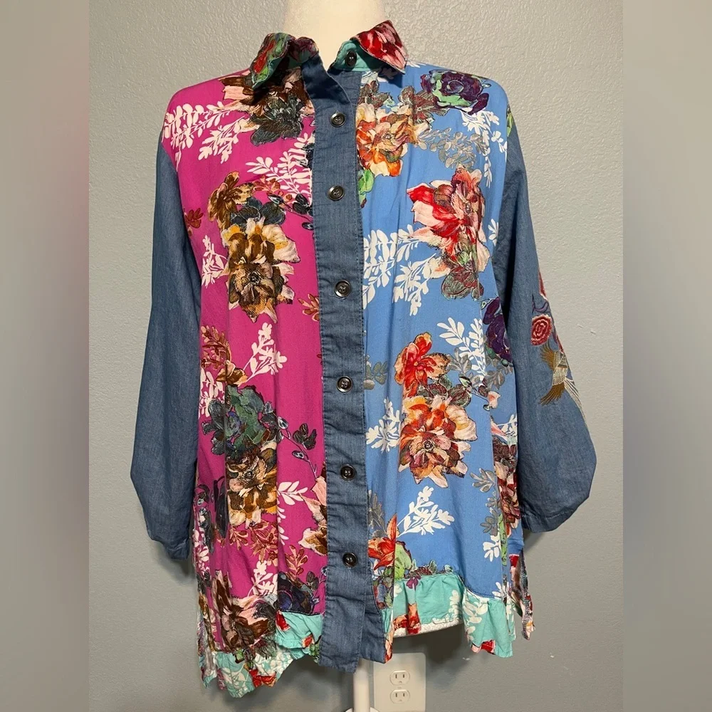 Calessa Boho Patchwork Floral Button Front Tunic Shirt Embroidered Sleeves 2X - Picture 1 of 9